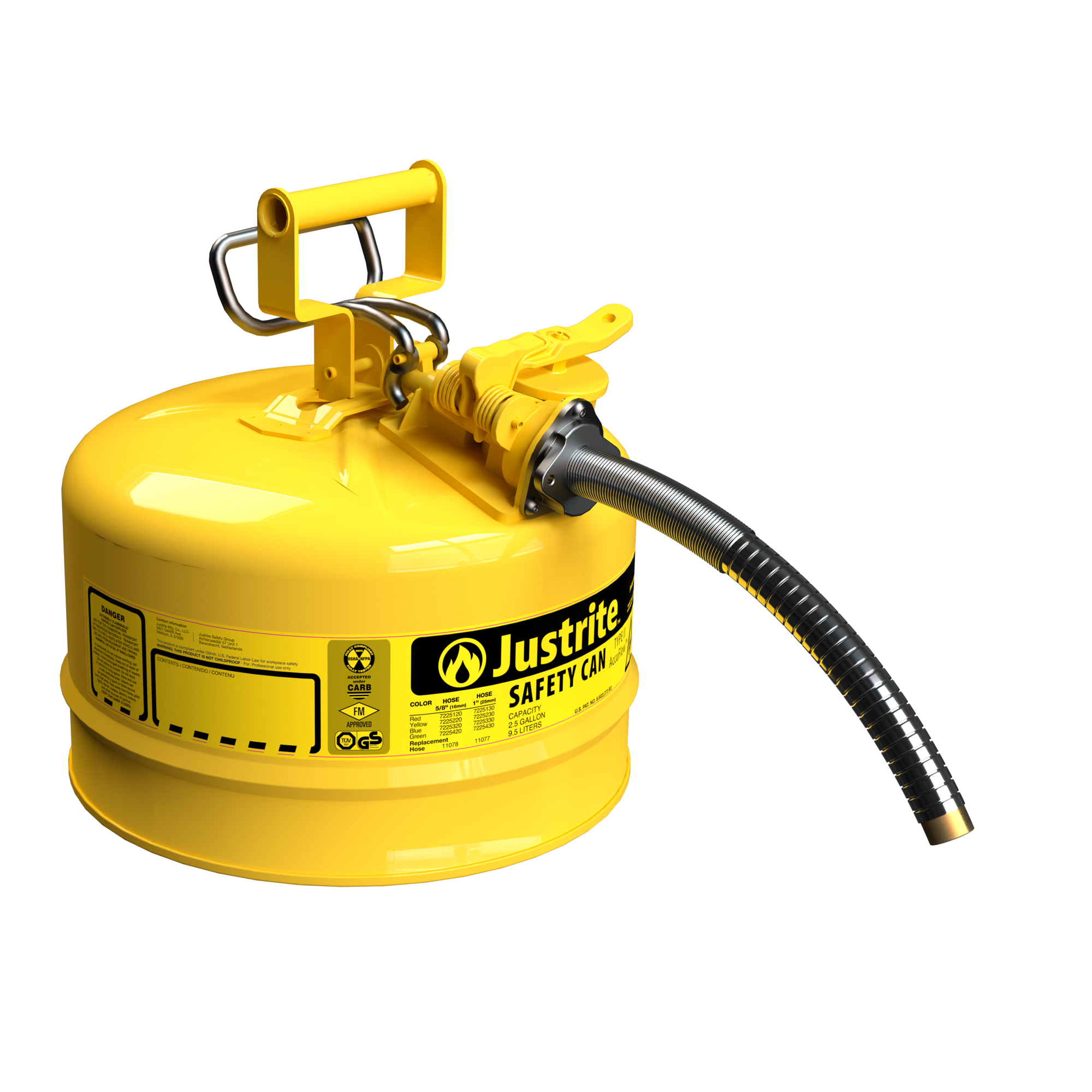 Justrite Type II Steel Safety Can for Diesel — 2.5 Gallon, 1in. Metal Hose, AccuFlow, Yellow, Model# 7225230